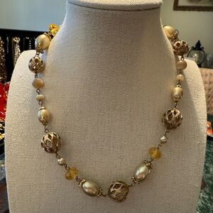 Monet Vintage Filigree Goldtone Necklace with Glass, Rhinestone and Faux Pearls.